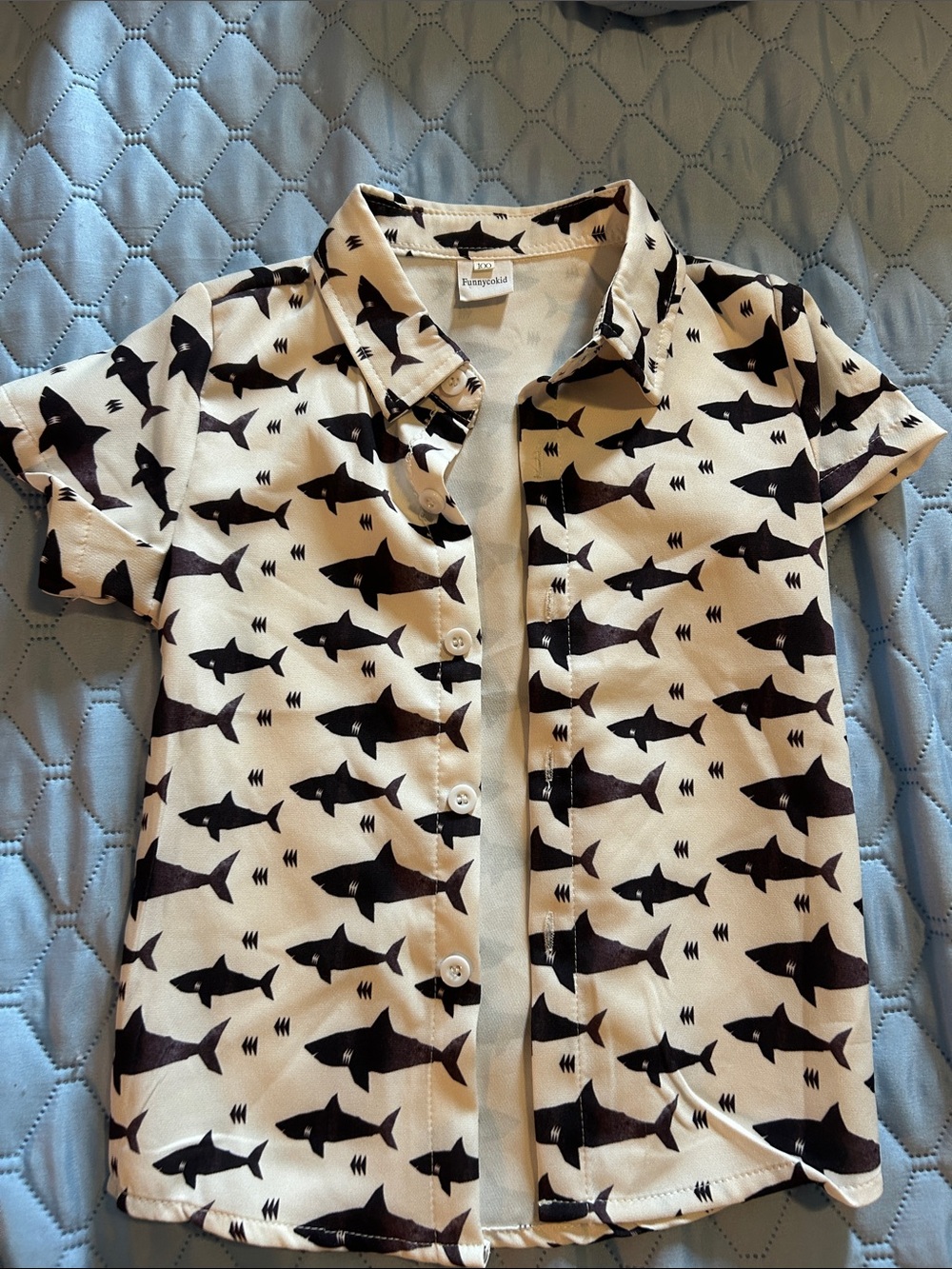 Unbranded Kid’s Short Sleeve Shark Print Shirt - Cream/Black